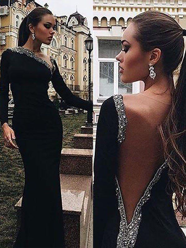 Gorgeous Mermaid Long Sleeves One-Shoulder Spandex Beading Prom Dresses        S3747