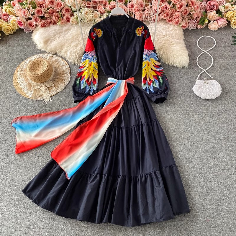 embroidery V-neck dress elegant long skirt      S4171