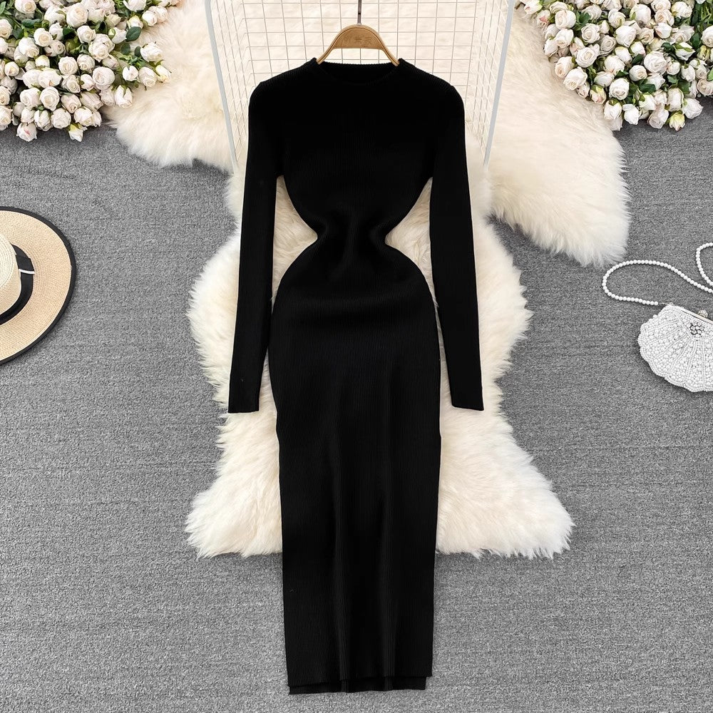 long-sleeved round neck elastic tight mid-length knitted dress      S4010