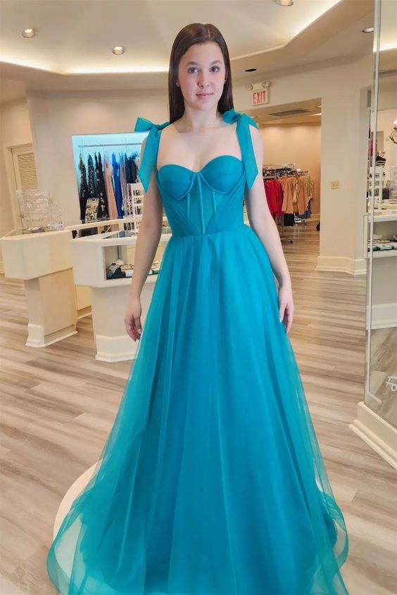 Jade Sweetheart Bow Tie Shoulder Tulle Long Prom Dress    S2633