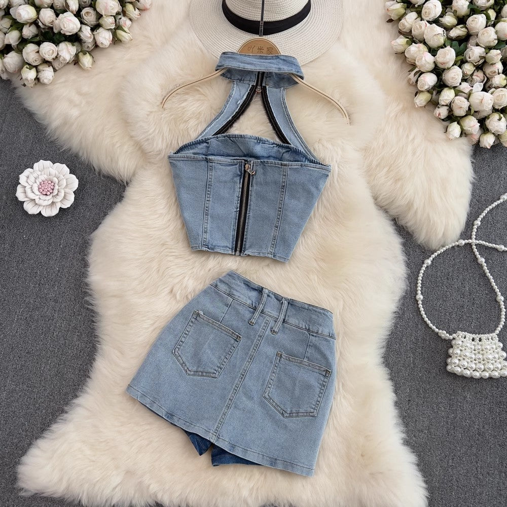 Hot girl fashion suit women's halter neck backless short denim top two-piece set      S4003