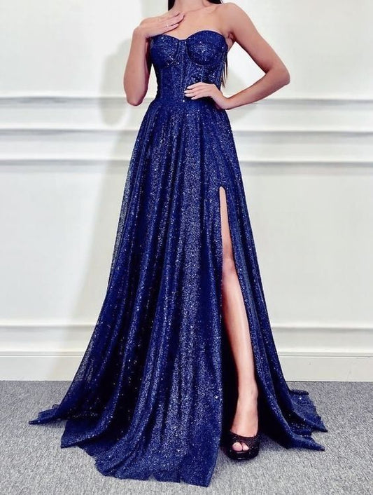 A Line Blue Sweetheart Long Prom Dresses,Strapless Evening Gown     S3073