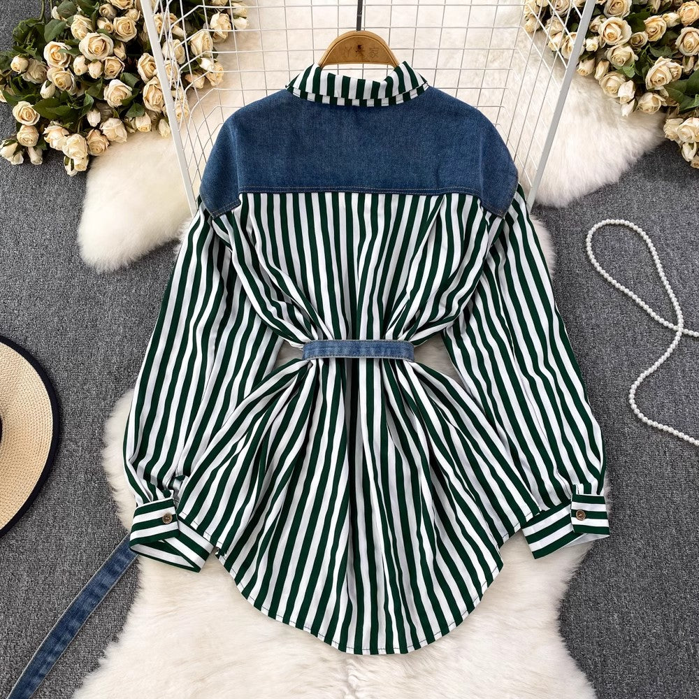 Denim Vest Spliced Striped Shirt Women's Casual Irregular Top    S4051