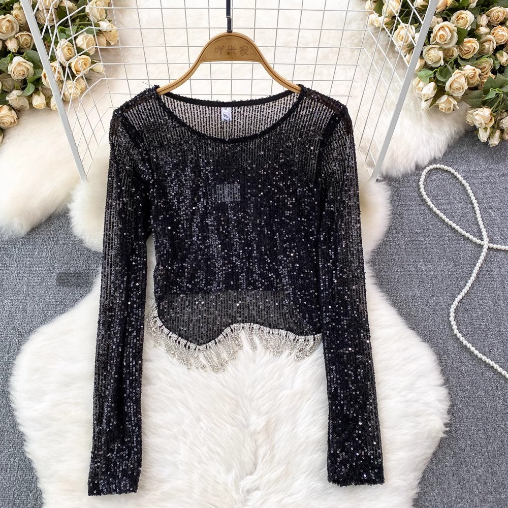 Fashionable sexy long-sleeved round neck sequins tassel T-shirt women's fashionable short top        S4217