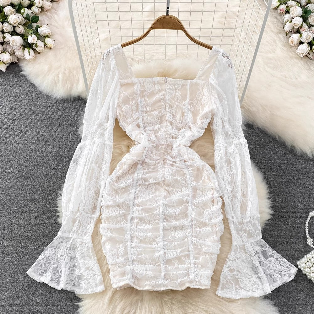 New Square Neck Flare Long Sleeve Lace Dress for Women    S4270