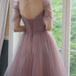 Sweetheart Tulle Beads Tea Length Pink Prom Dress, Tulle Homecoming Dress      S3243