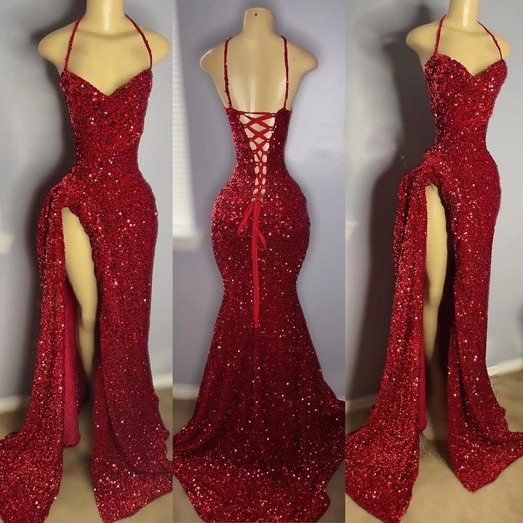 Sexy High Slit Halter Sleeveless Sparkly Red Sequined Long Prom Dresses for Black Girls     S3641