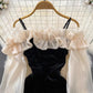 elegant long-sleeved ruffle velvet suspender dress     S4168