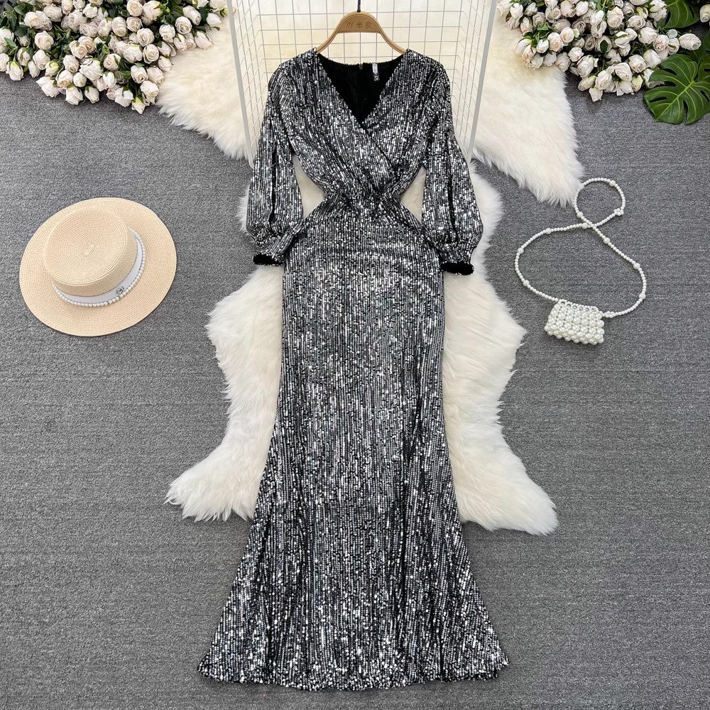 evening dress lantern long-sleeved V-neck sequined dress     S4142