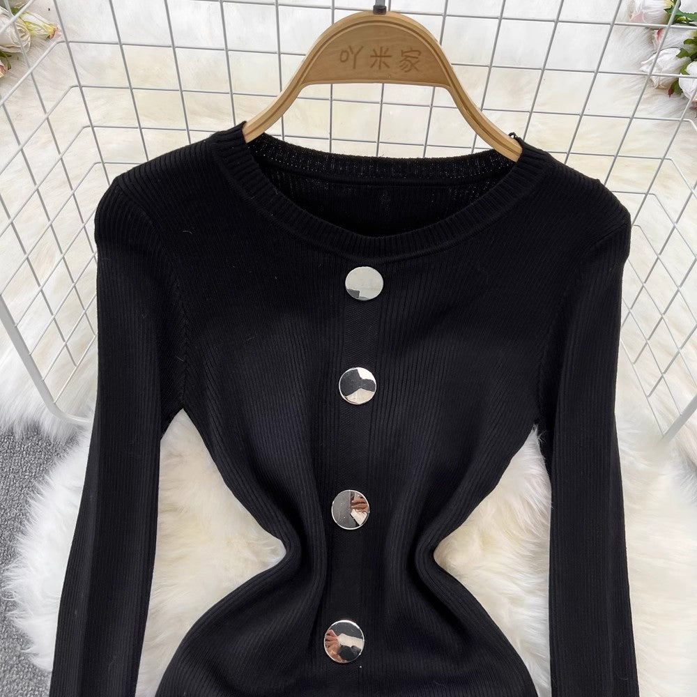 long-sleeved round neck mid-length irregular knitted dress      S4335