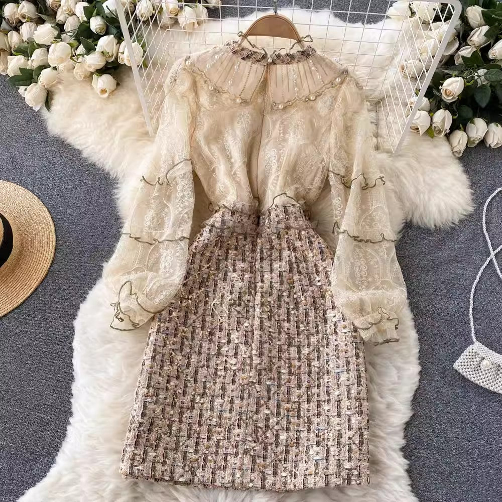 luxury women's French retro style dress beading and chic design skirt       S4513