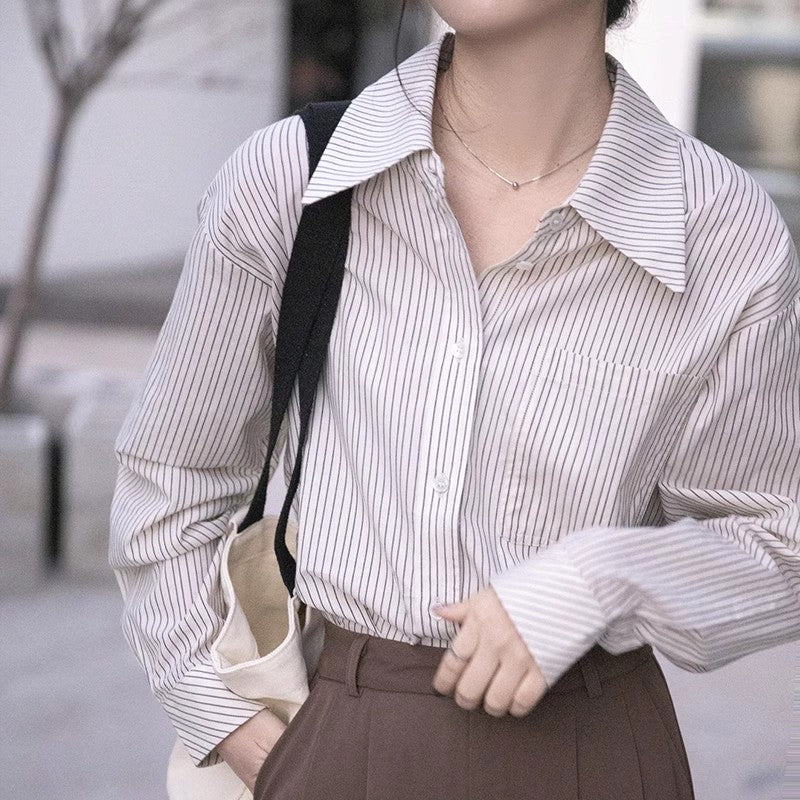 Blue striped shirt women's new design long-sleeved shirt     S3424