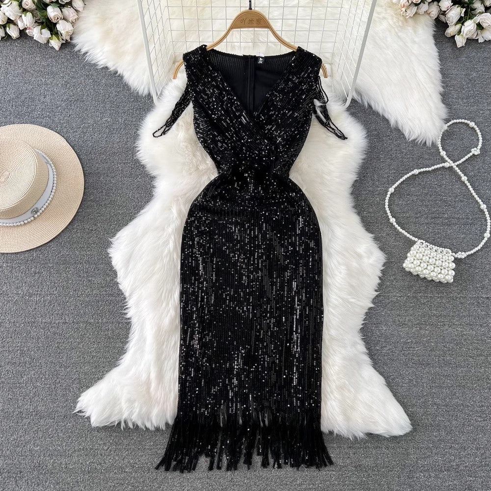 evening dress women's V-neck sequined tassel dress      S3936