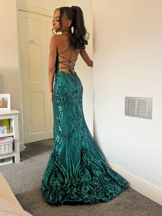 open back green prom dress          S3714