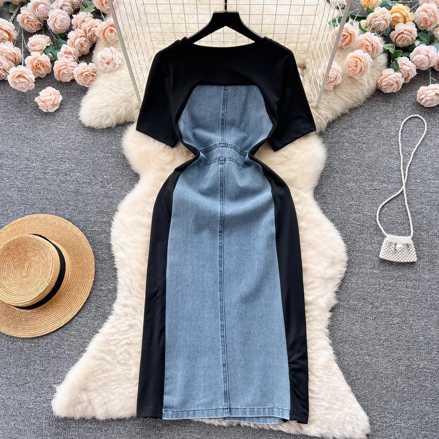 French retro short-sleeved denim dress women's chic casual long skirt   S4531