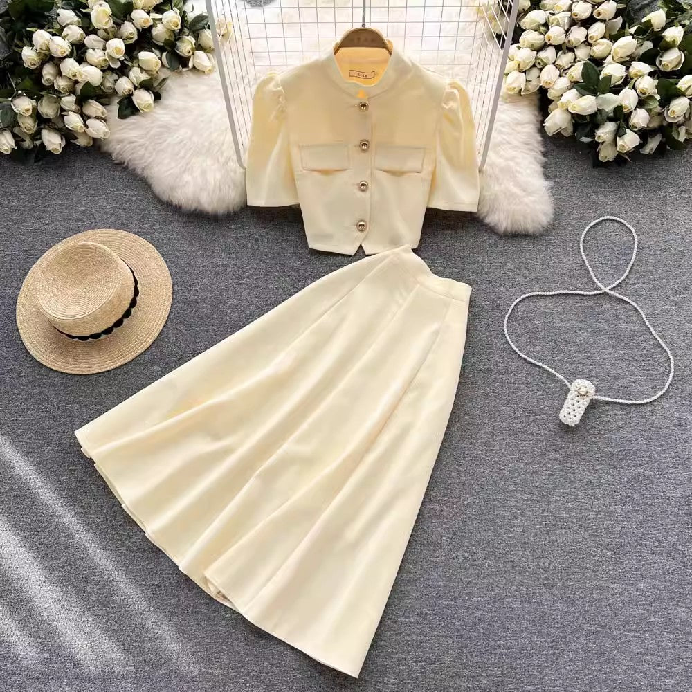 women's short-sleeved top mid-length skirt two-piece set     S4570