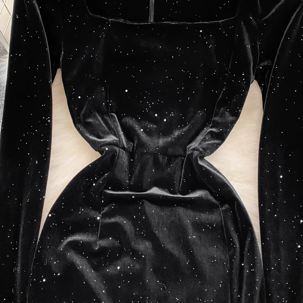 square neck velvet dress sexy high slit sparkling dress long skirt      S4139