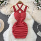 halter neck suspender dress for women sexy pleated dress       S4345