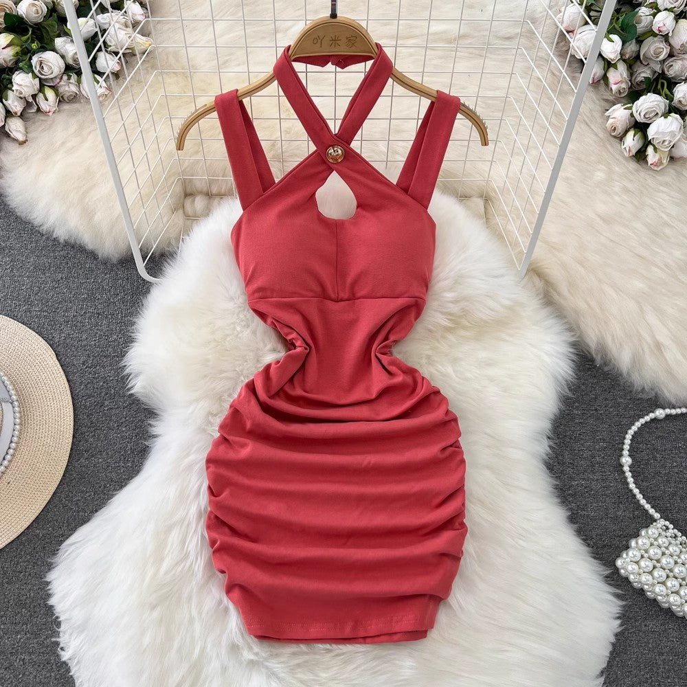 halter neck suspender dress for women sexy pleated dress       S4345