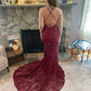 V Neck Burgundy Prom Dresses Evening Gowns With Sequin Appliques       S3532