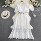 puff sleeves round neck A-line lace dress elegant long skirt      S4262