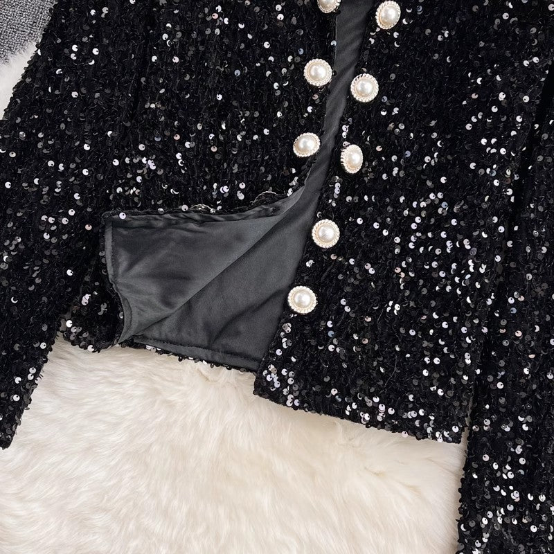 shiny sequins colorful long-sleeved cardigan suit short jacket women's clothing    S4205