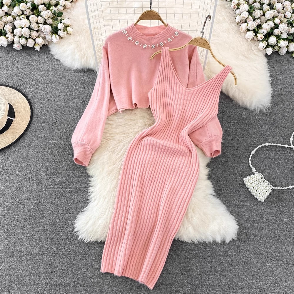 round neck beaded sweater two-piece hot girl knitted vest dress for women      S4116