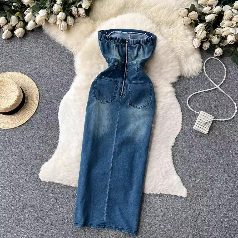 denim dress for women sexy slit retro style skirt trendy     S4566