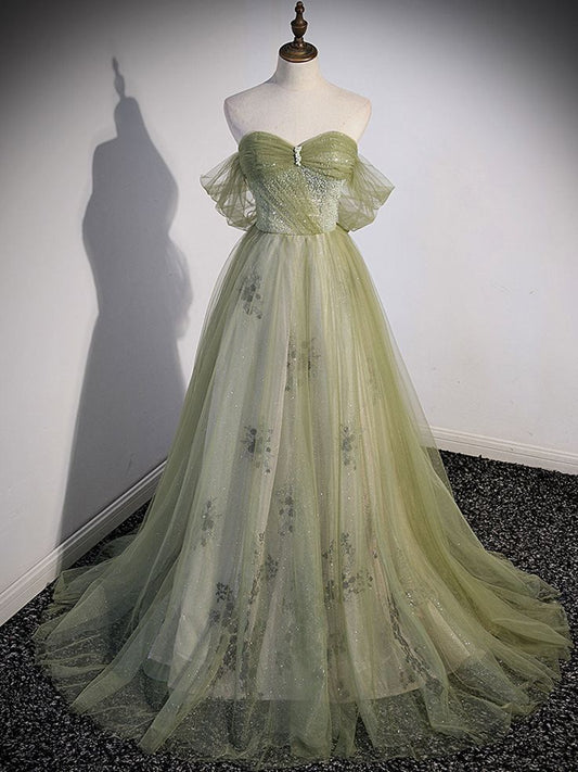 A line Green Long Prom Dress, Green Tulle Formal Evening Dress      S3205