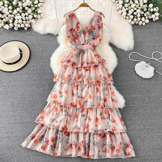 Floral Long Skirt Sweet Sleeveless A-Line Chiffon Dress     S4323