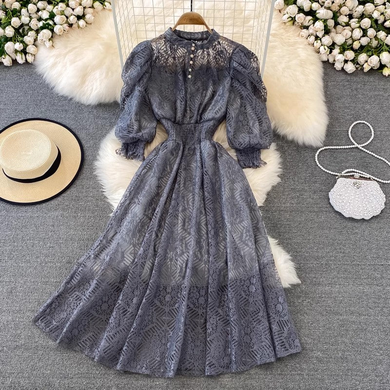 puff sleeve lace dress bohemian long skirt     S4354