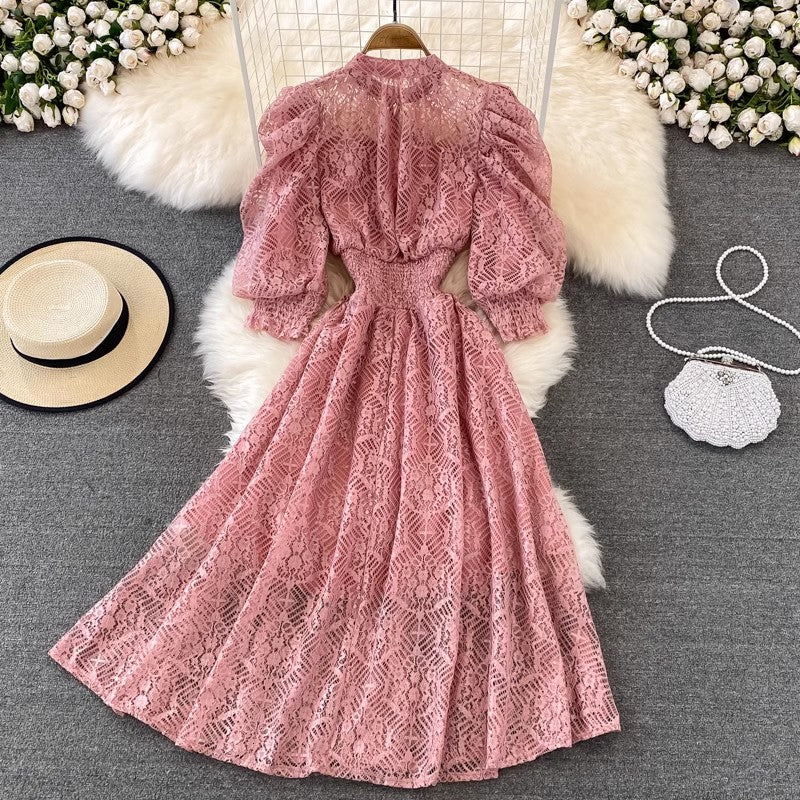 puff sleeve lace dress bohemian long skirt     S4354