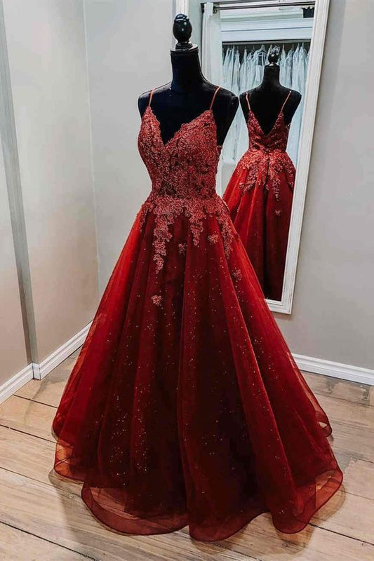 Glitter Red tulle Formal Dress with Lace Top       S3725