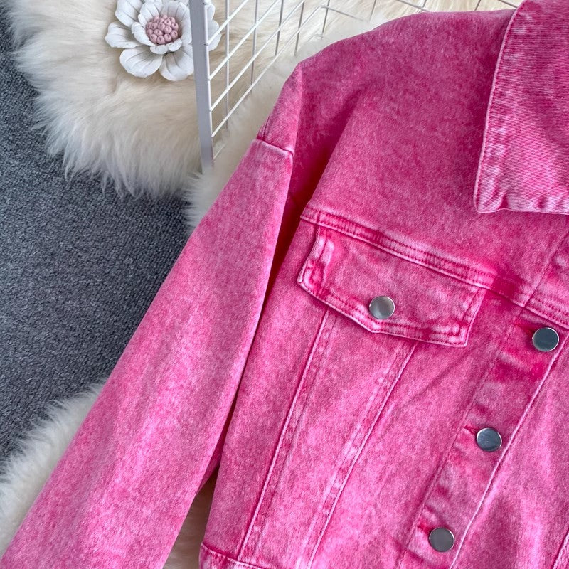 Pink denim jacket short women's jacket top two-piece suit mid-length skirt        S4220