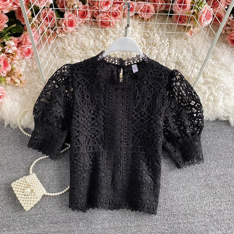 Puff-sleeved lace shirt short-sleeved solid color short top for women      S3898