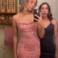 Pink Cowl Neck Sheath Sequins Lace-Up Mini Homecoming Dress   S2619