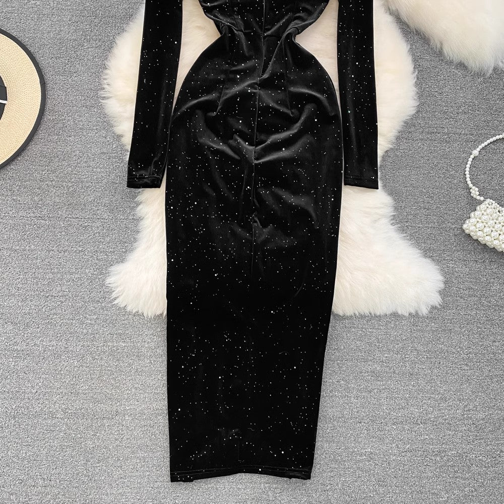 square neck velvet dress sexy high slit sparkling dress long skirt      S4139