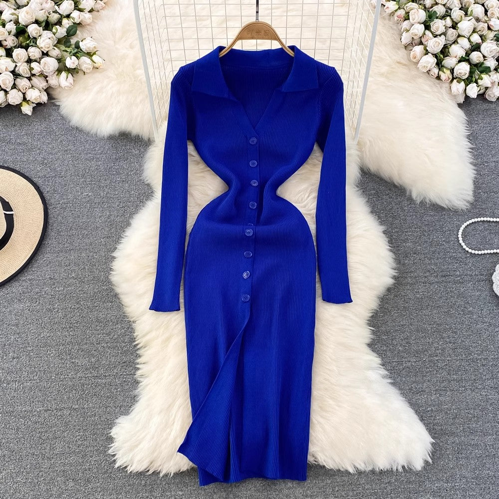 Polo Neck Long Sleeve Knitted Dress       S4163