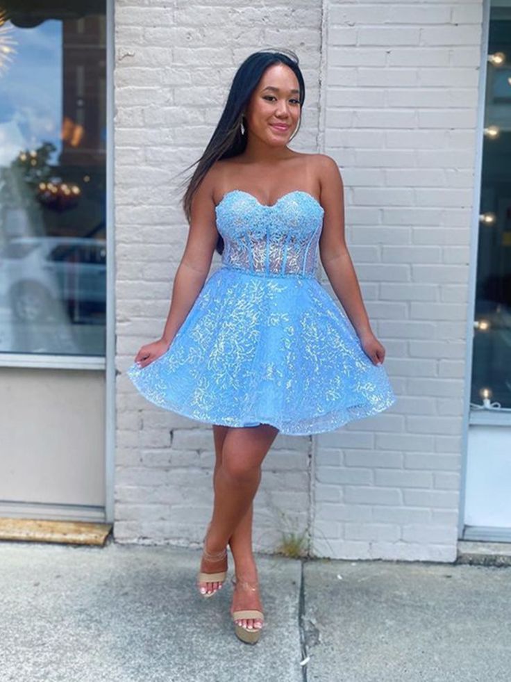 Short Light Blue Lace Prom Dresses, Light Blue Short Lace Formal Graduation Dresses       S2615