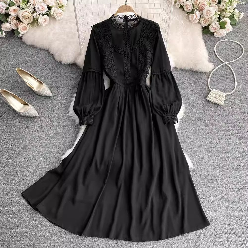 lace lantern sleeve chiffon A-line dress elegant long skirt      S4309