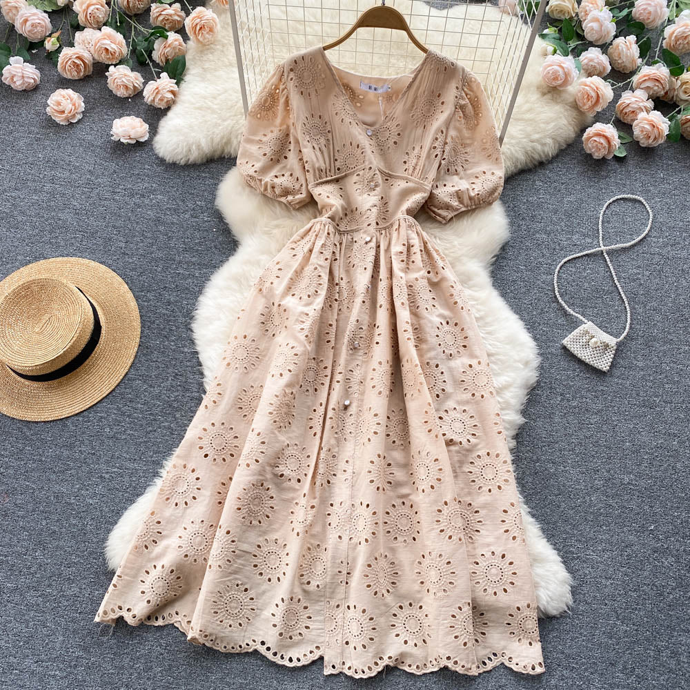 Puff Sleeve V-neck Lace Dress       S4466