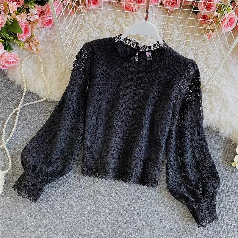 solid color long-sleeved top with lace for women     S4019