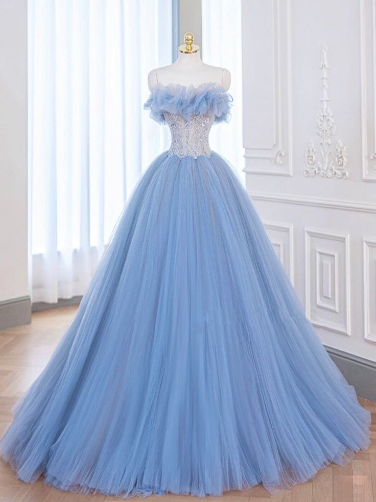 A-Line Blue Tulle Lace Long Prom Dress, Blue Tulle Lace Formal Dress      S4148