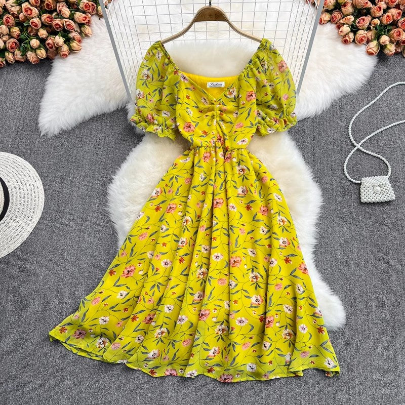 mid-length V-neck floral chiffon dress     S4430