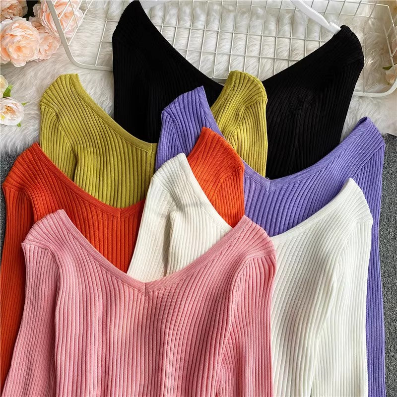 Sweater new v-neck long-sleeved t-shirt women's top      S4180