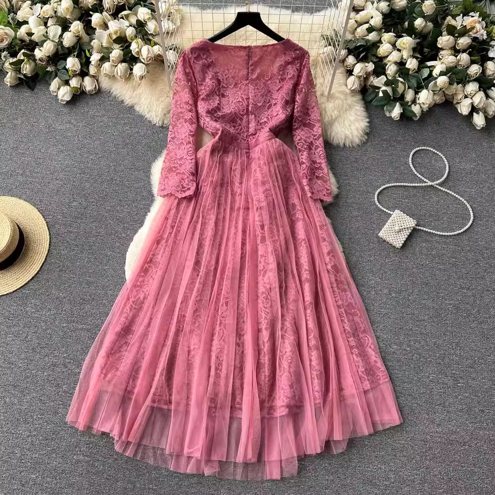 French retro lace dress for women long skirt      S4623