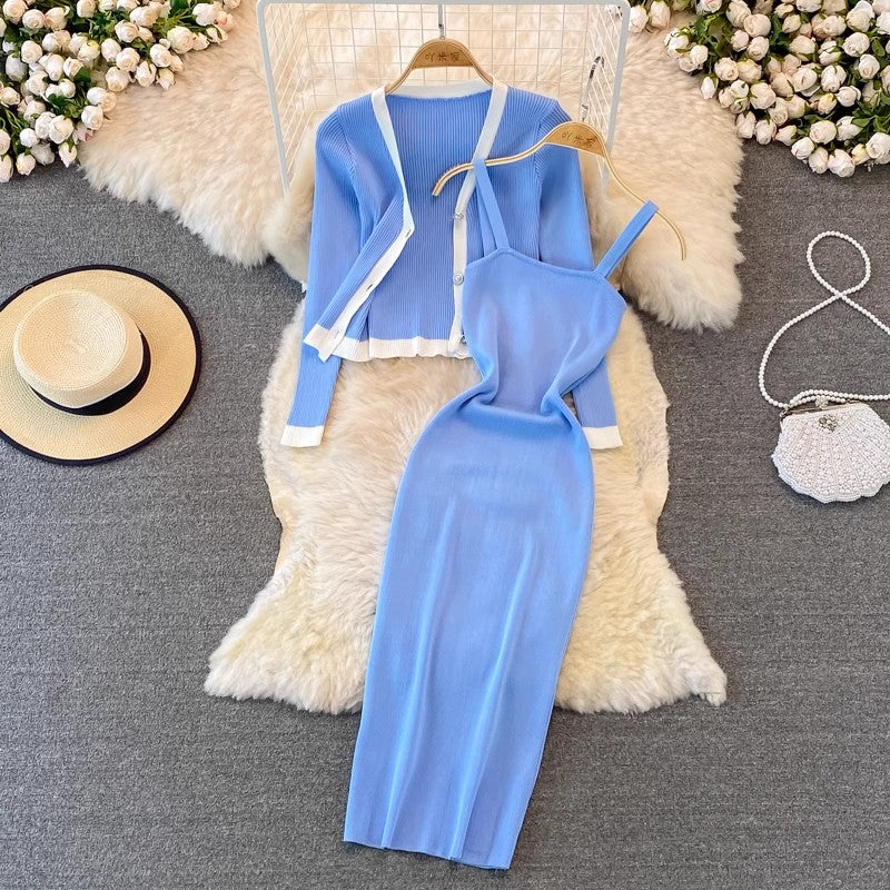 Fashionable v-neck long-sleeved knitted top cardigan two-piece suit mid-length dress     S4238