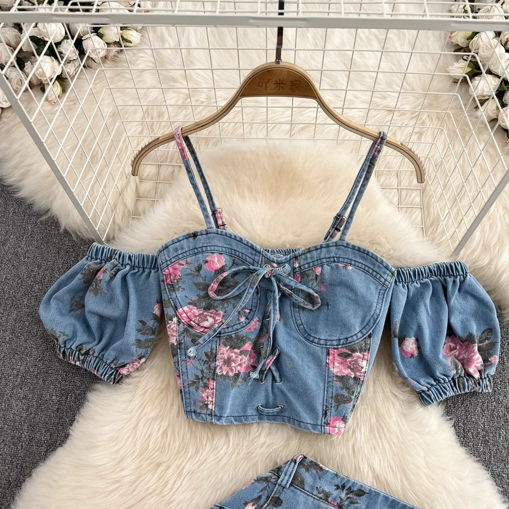 Denim fashion suit for hot girls chic halter top two-piece set     S4034