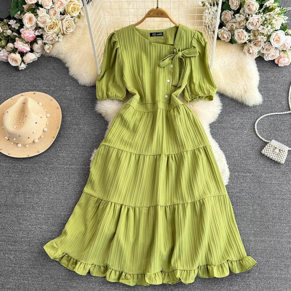 puffy short-sleeved mid-length A-line ruffle dress      S4331