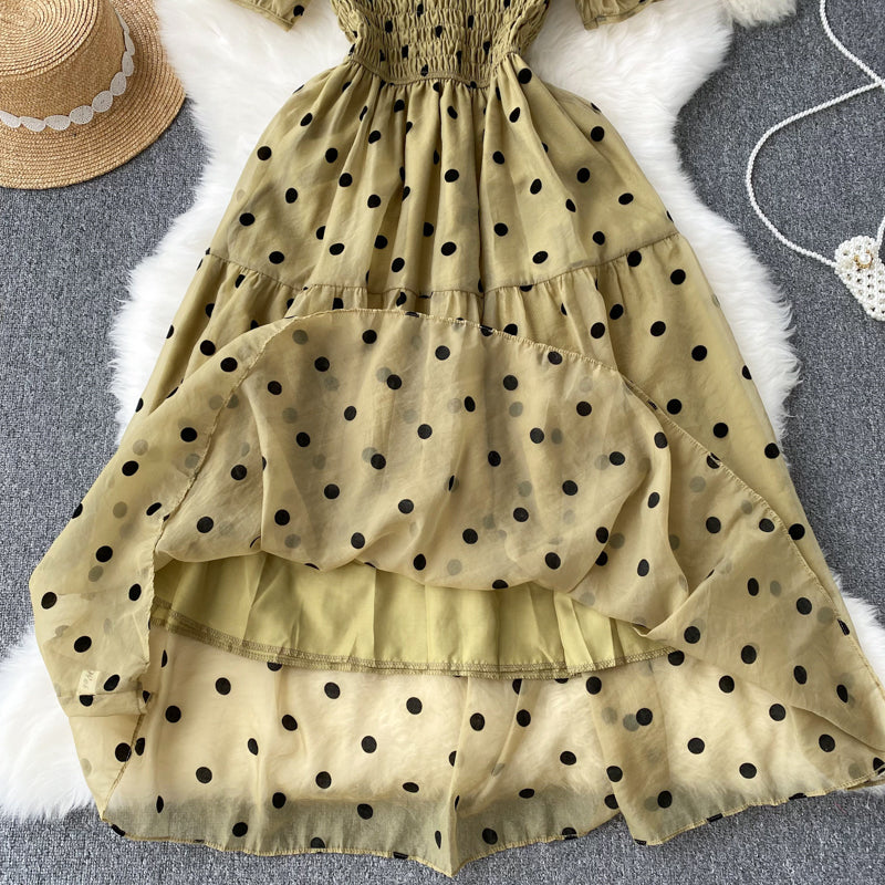 Vintage Square Neck Polka Dot Puff Sleeve Dress     S4458